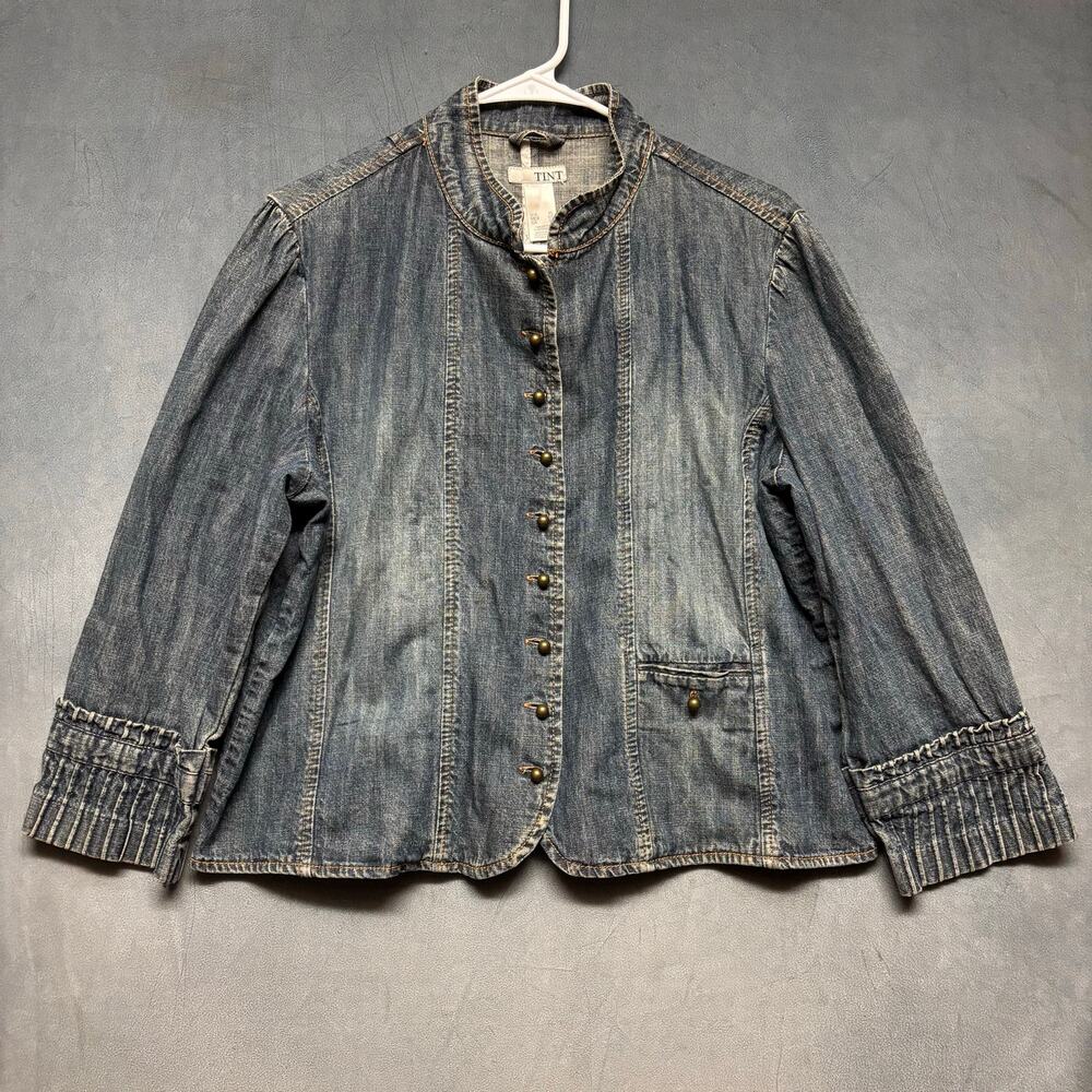 Tint Denim Jacket XL Button Front Ruffle Cuff Boho Western Chambray Cottagecore